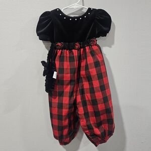 NWT Starting Out Black Velvet Top Red and Black Buffalo Plaid Bodysuit, 12 Month